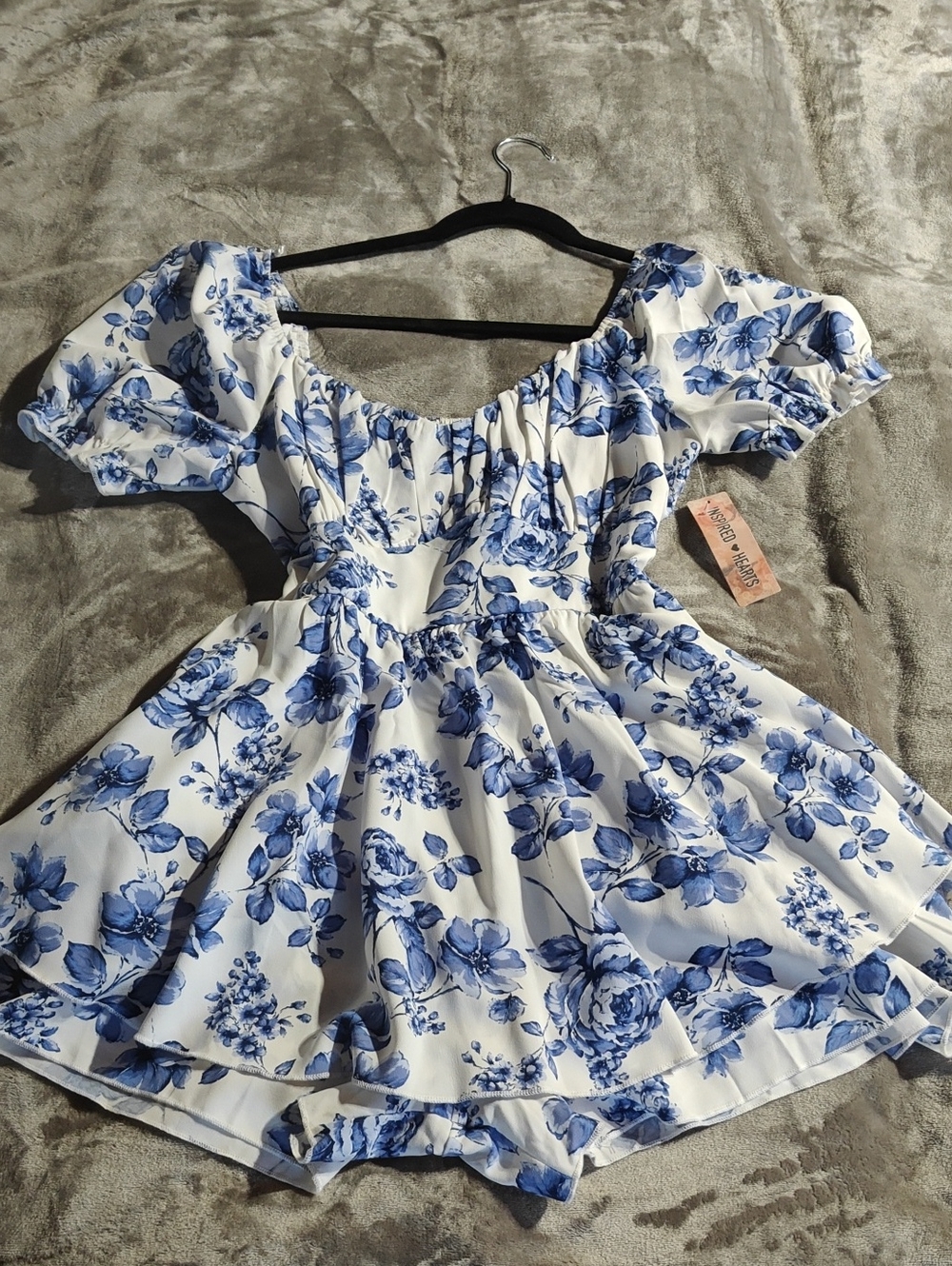 Inspired Hearts White Romper with Blue Floral Print